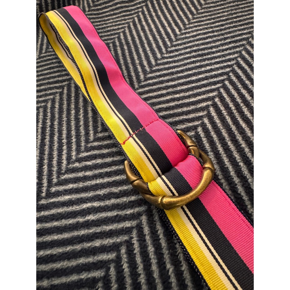 J.Crew Striped Ribbon Belt M/L Pink Yellow Navy Bamboo D-Ring Made in USA